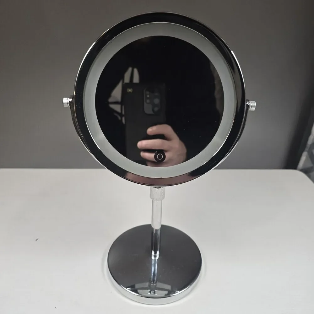 LED Illuminated Dual Sided Round Tabletop Makeup Mirror Silver Chrome 13